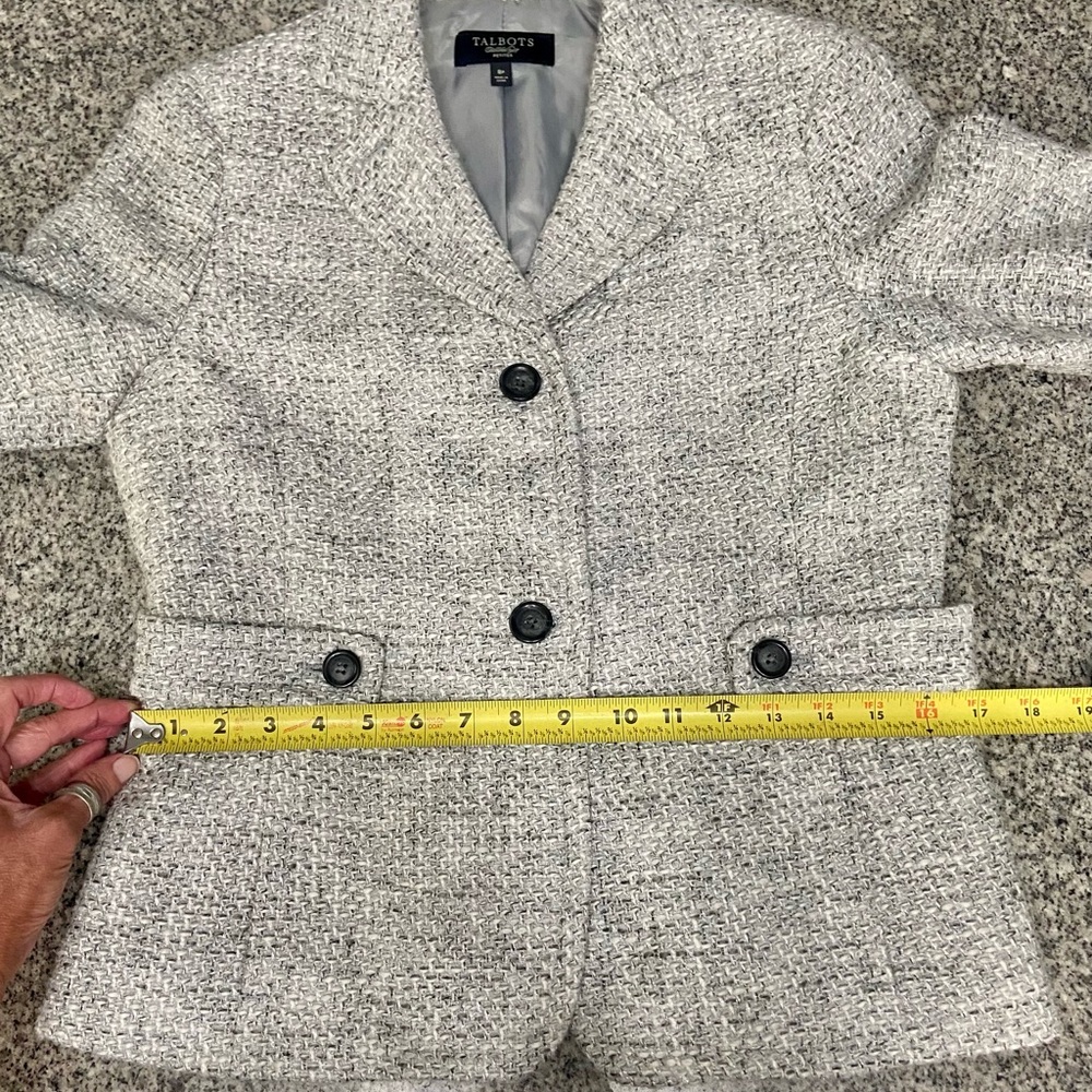 TALBOTS-Cotton Blend Grey White Silver Threads Tweed Coat Womens Petite 8P - Picture 17 of 17